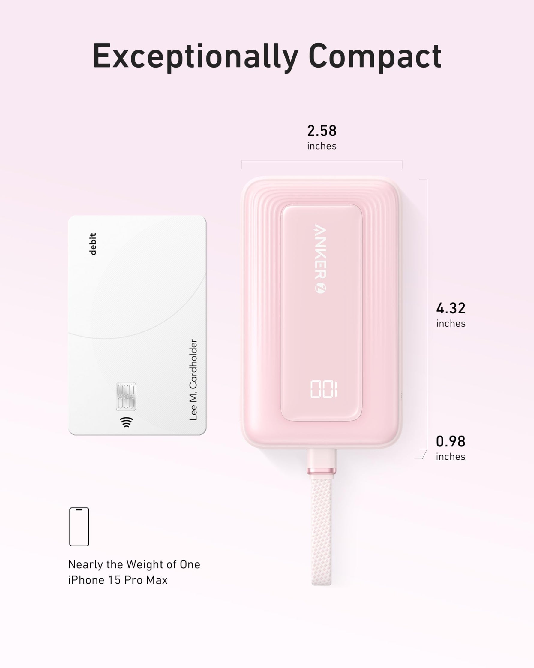 Anker Zolo Power Bank (10K, 30W) with a 5.4-inch (13.7 cm) built-in USB-C cable.